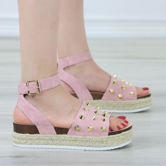 Dusty Pink Nubuck Metal Stud Sandals Espadrille Platform Heel - Picture 11 of 13